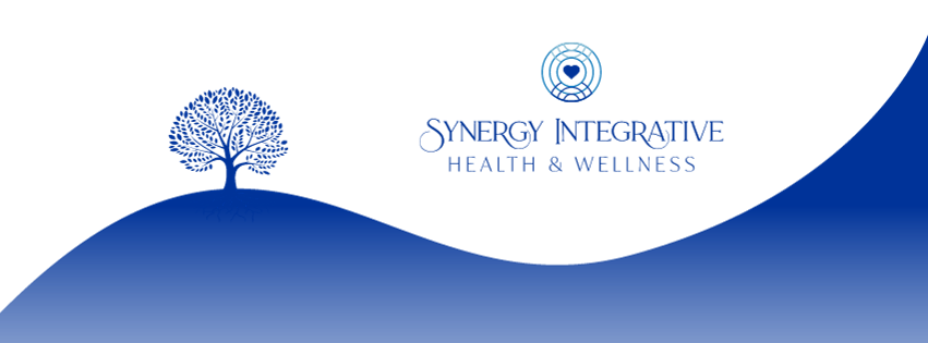 Synergy  Facebook cover image with logo, tree, and wavy bottom shape